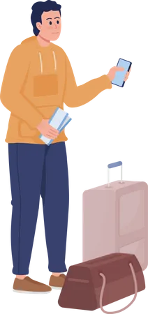 Jeune homme avec des sacs à bagages et un billet d'avion  Illustration