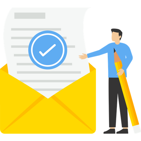 Jeune homme avec un document coché dans une enveloppe  Illustration