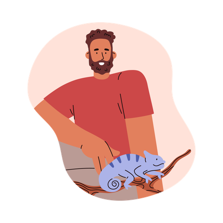 Heureux jeune homme barbu avec un caméléon comme animal de compagnie  Illustration