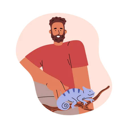 Heureux jeune homme barbu avec un caméléon comme animal de compagnie  Illustration