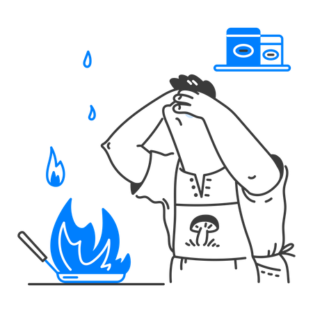 Un homme brûle de la nourriture en cuisinant  Illustration