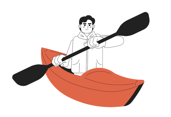 Jeune homme caucasien pagayant en kayak  Illustration