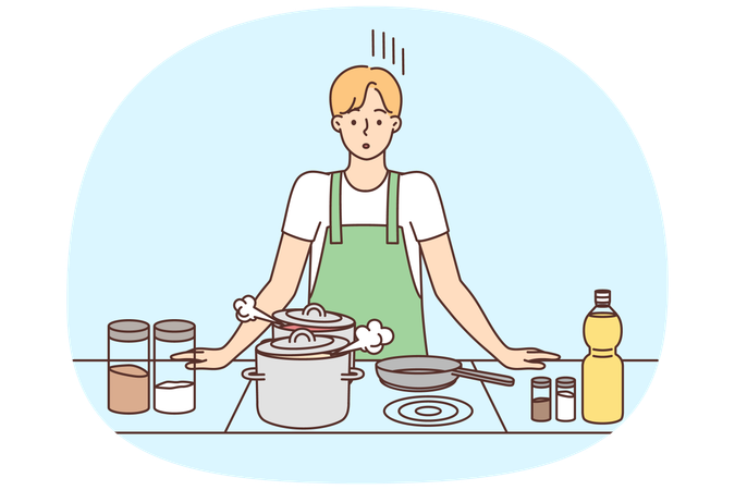Un jeune homme confus prépare de la nourriture dans la cuisine  Illustration