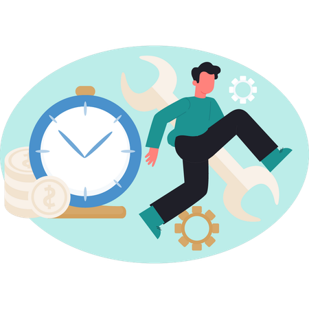 Jeune homme courant vers l'horloge de pointage  Illustration