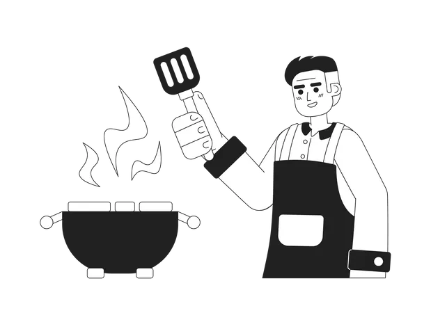 Jeune homme cuisinant sur un barbecue  Illustration