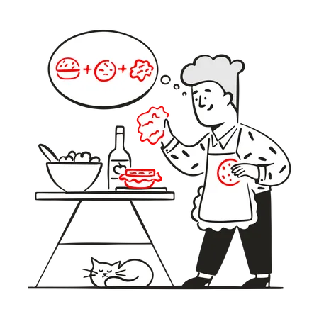 Le jeune homme cuisine selon la recette  Illustration