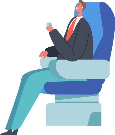 Jeune homme d'affaires assis dans un siège d'avion confortable et buvant des boissons  Illustration