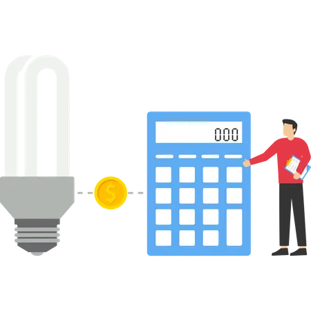 Jeune homme d'affaires calculant la consommation d'énergie à la maison  Illustration