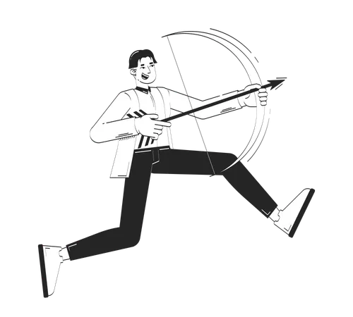 Un jeune homme d'affaires coréen enthousiaste vise une flèche avec un arc  Illustration