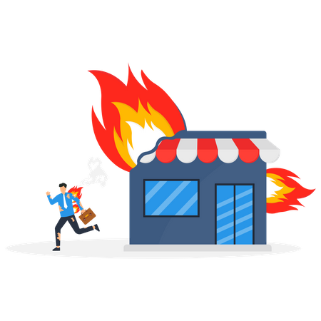 Un jeune homme d'affaires s'enfuit d'un magasin en feu  Illustration