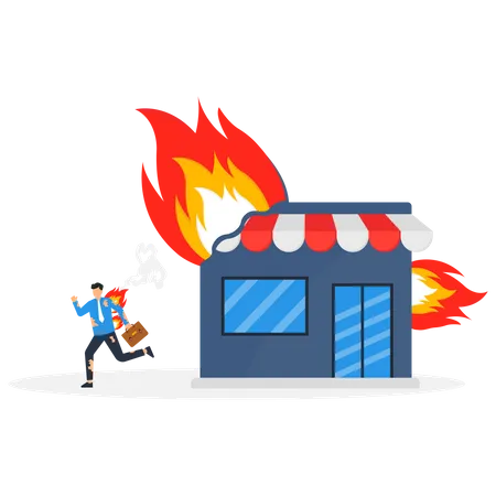 Un jeune homme d'affaires s'enfuit d'un magasin en feu  Illustration