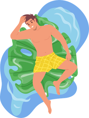 Un jeune homme détendu se repose en nageant sur un matelas gonflable en caoutchouc en forme de feuille tropicale  Illustration