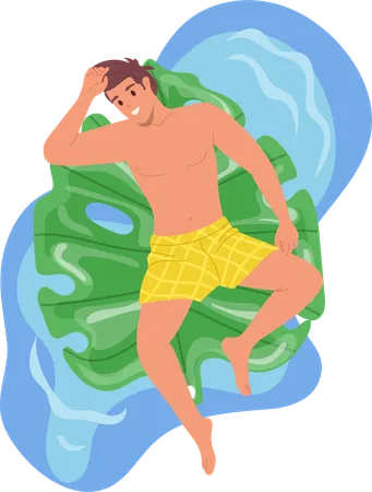 Un jeune homme détendu se repose en nageant sur un matelas gonflable en caoutchouc en forme de feuille tropicale  Illustration