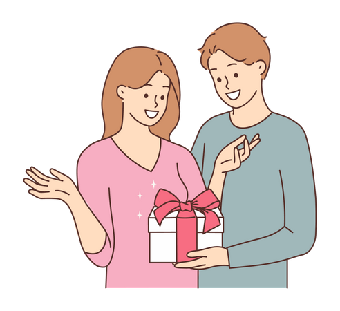 Jeune homme donnant un cadeau à sa femme  Illustration