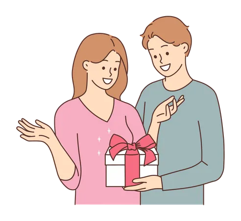 Jeune homme donnant un cadeau à sa femme  Illustration