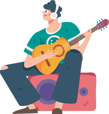 Jeune homme écoutant de la musique tout en jouant de la guitare  Illustration