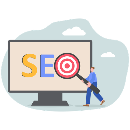 Jeune homme effectuant une recherche SEO avec une cible SEO  Illustration