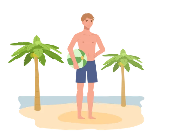 Jeune homme en maillot de bain tenant un ballon de plage  Illustration