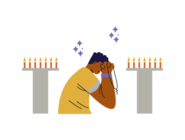 Un jeune homme en prière joint ses paumes avec une croix  Illustration