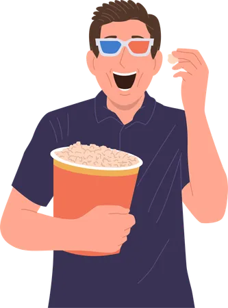 Un jeune homme riant portant des lunettes mangeant du pop-corn en regardant un film au cinéma  Illustration