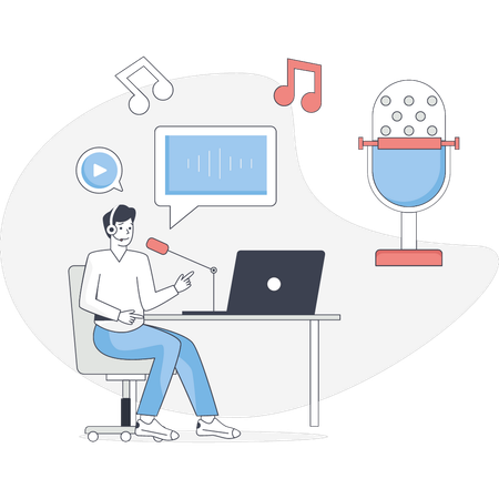 Jeune homme faisant un podcast audio  Illustration