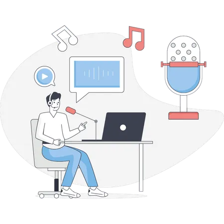 Jeune homme faisant un podcast audio  Illustration