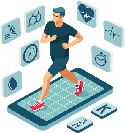 Un jeune homme faisant du jogging sur un écran de smartphone entouré d'un suivi de santé  Illustration