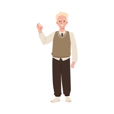 Un jeune homme en uniforme agite joyeusement la main  Illustration