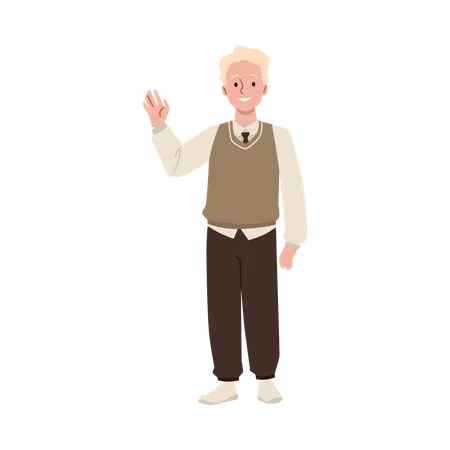Un jeune homme en uniforme agite joyeusement la main  Illustration