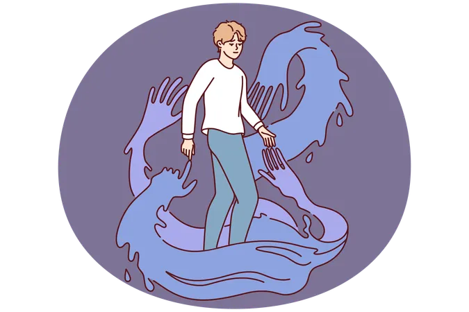 Un jeune homme entouré de mains énormes  Illustration