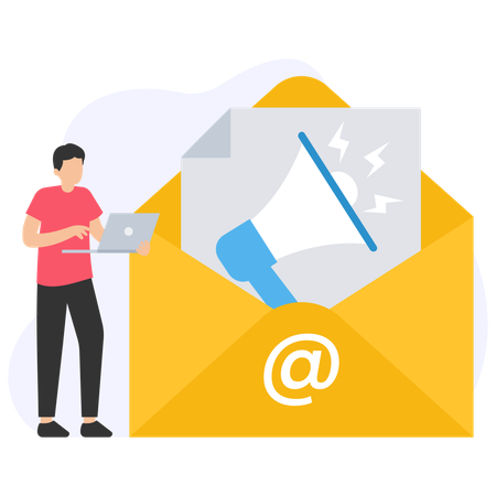 Un jeune homme envoie une newsletter par e-mail avec une publicité au mégaphone  Illustration