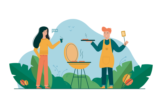 Jeune homme et femme appréciant la nourriture barbecue  Illustration