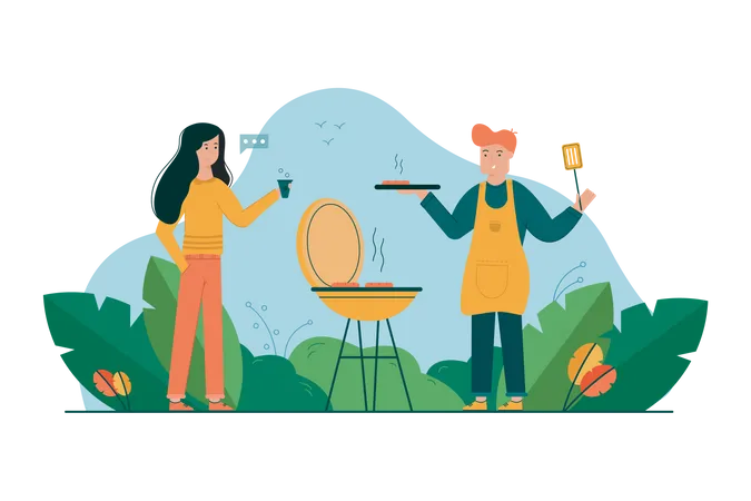 Jeune homme et femme appréciant la nourriture barbecue  Illustration