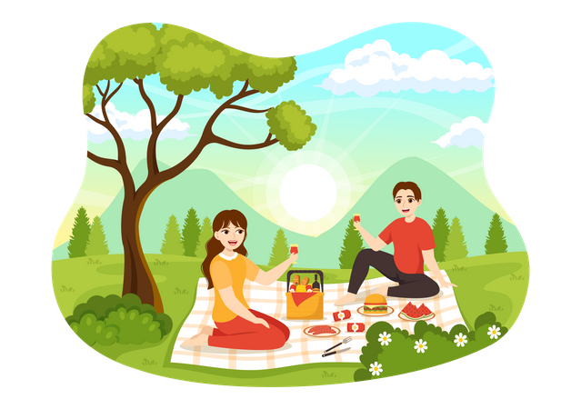 Jeune homme et femme appréciant la nourriture en plein air  Illustration