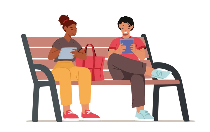 Jeune homme et femme assis sur un banc dans un parc avec des gadgets  Illustration