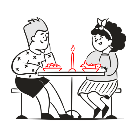 Jeune homme et femme au dîner romantique  Illustration