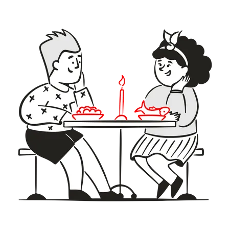 Jeune homme et femme au dîner romantique  Illustration