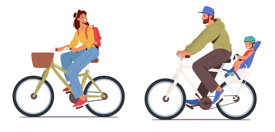 Jeune homme et femme avec bébé faisant du vélo  Illustration