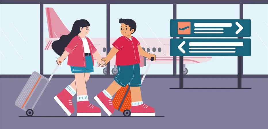 Jeune homme et femme avec sac à dos à l'aéroport  Illustration
