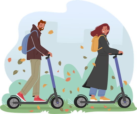 Jeune homme et femme conduisant des scooters électriques dans le parc de la ville le jour de l'automne  Illustration