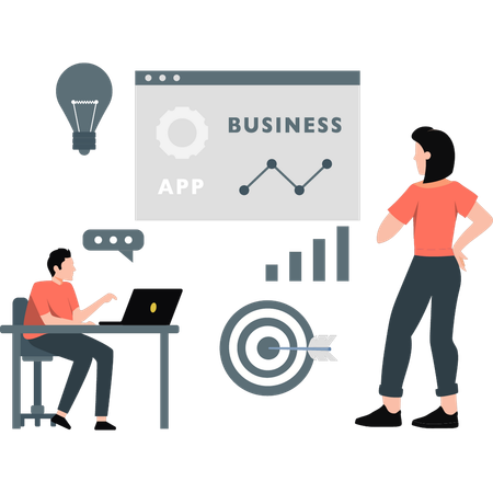 Jeune homme et femme effectuant un travail en entreprise  Illustration