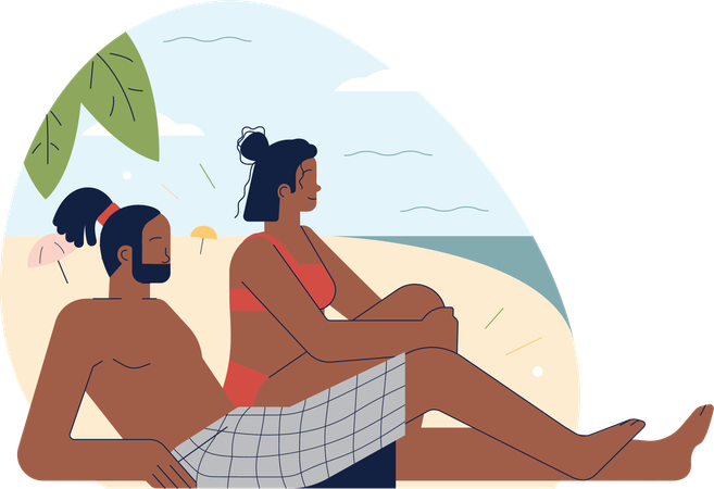 Jeune homme et femme profitant de vacances à la plage  Illustration