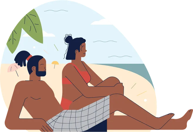 Jeune homme et femme profitant de vacances à la plage  Illustration
