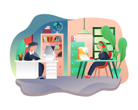 Jeune homme et femme travaillant au bureau  Illustration