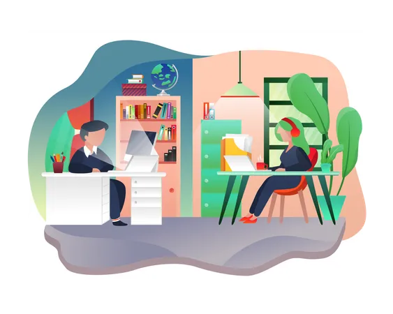 Jeune homme et femme travaillant au bureau  Illustration