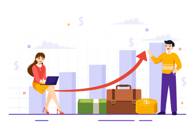 Jeune homme et femme travaillant sur la croissance financière  Illustration