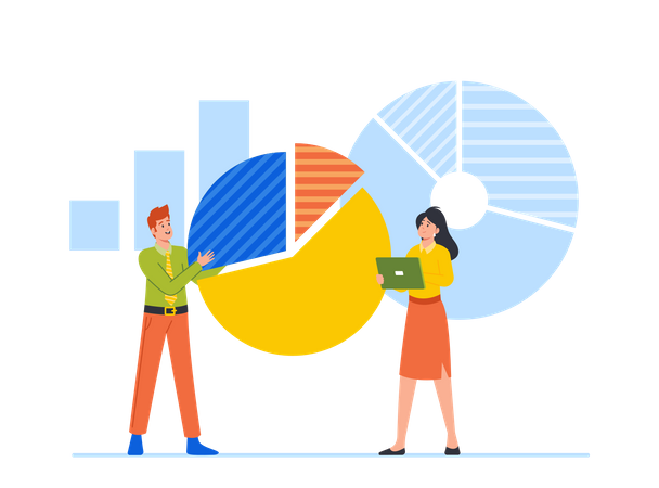 Jeune homme et femme travaillant sur un graphique d'analyse de données  Illustration