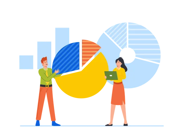 Jeune homme et femme travaillant sur un graphique d'analyse de données  Illustration