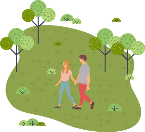 Jeune homme et fille se tenant la main, marchant dans le jardin d'été  Illustration