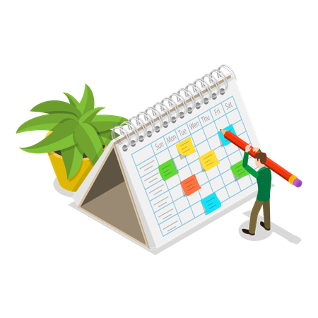 Un jeune homme établit un calendrier de planification  Illustration